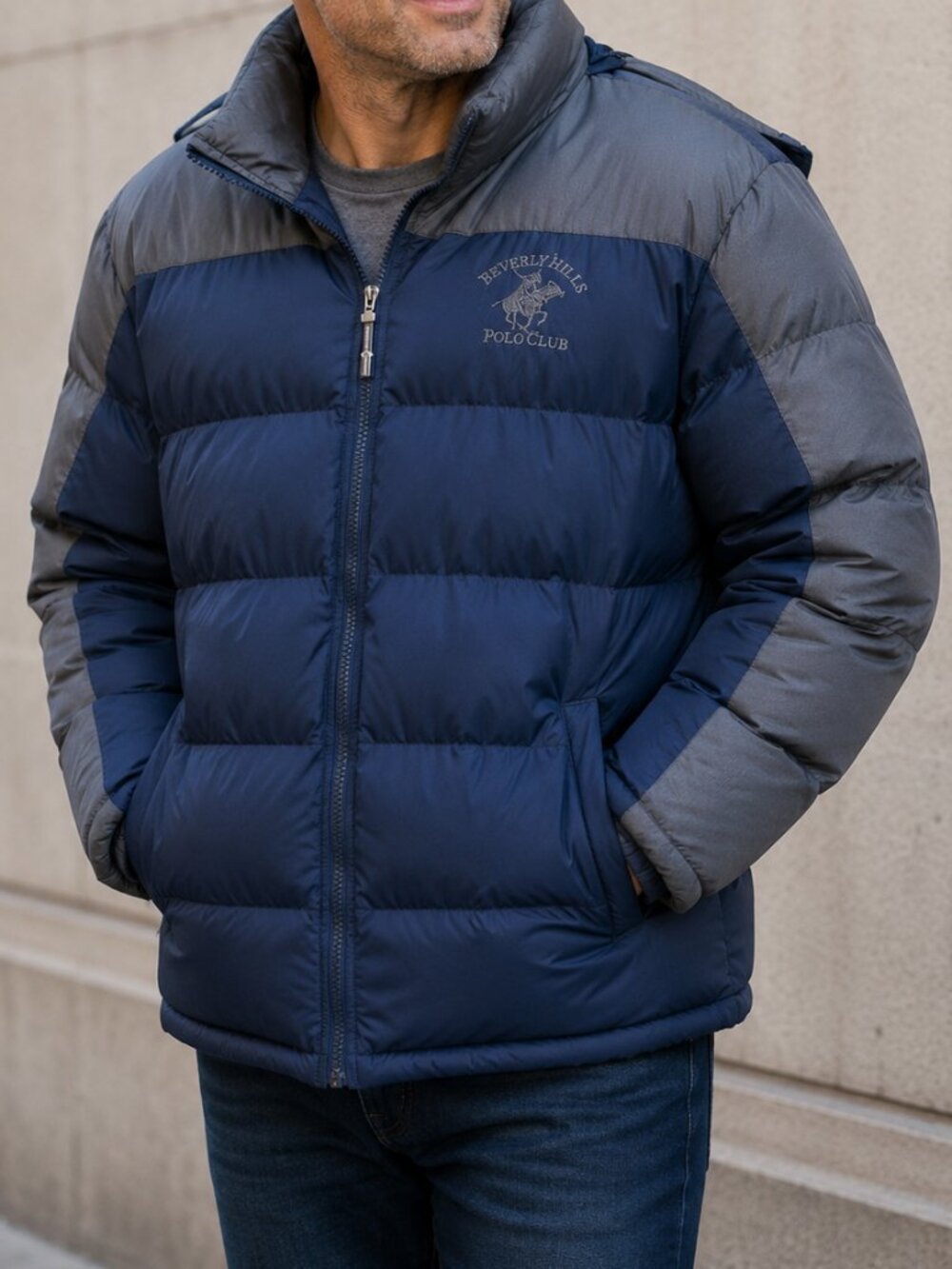 Beverly Hills Polo Club Grey Blue Puffer Jacket Warm Winter Coat Snow Ski Large